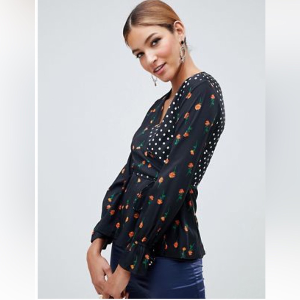 NWOT boohoo mixed print wrap blouse with peplum hem